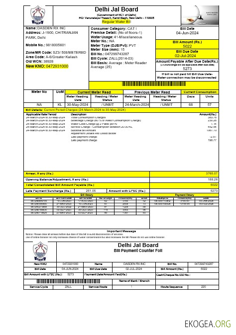 Modèle Word et PDF de facture de services publics INIDA DELHI JAL BOARD